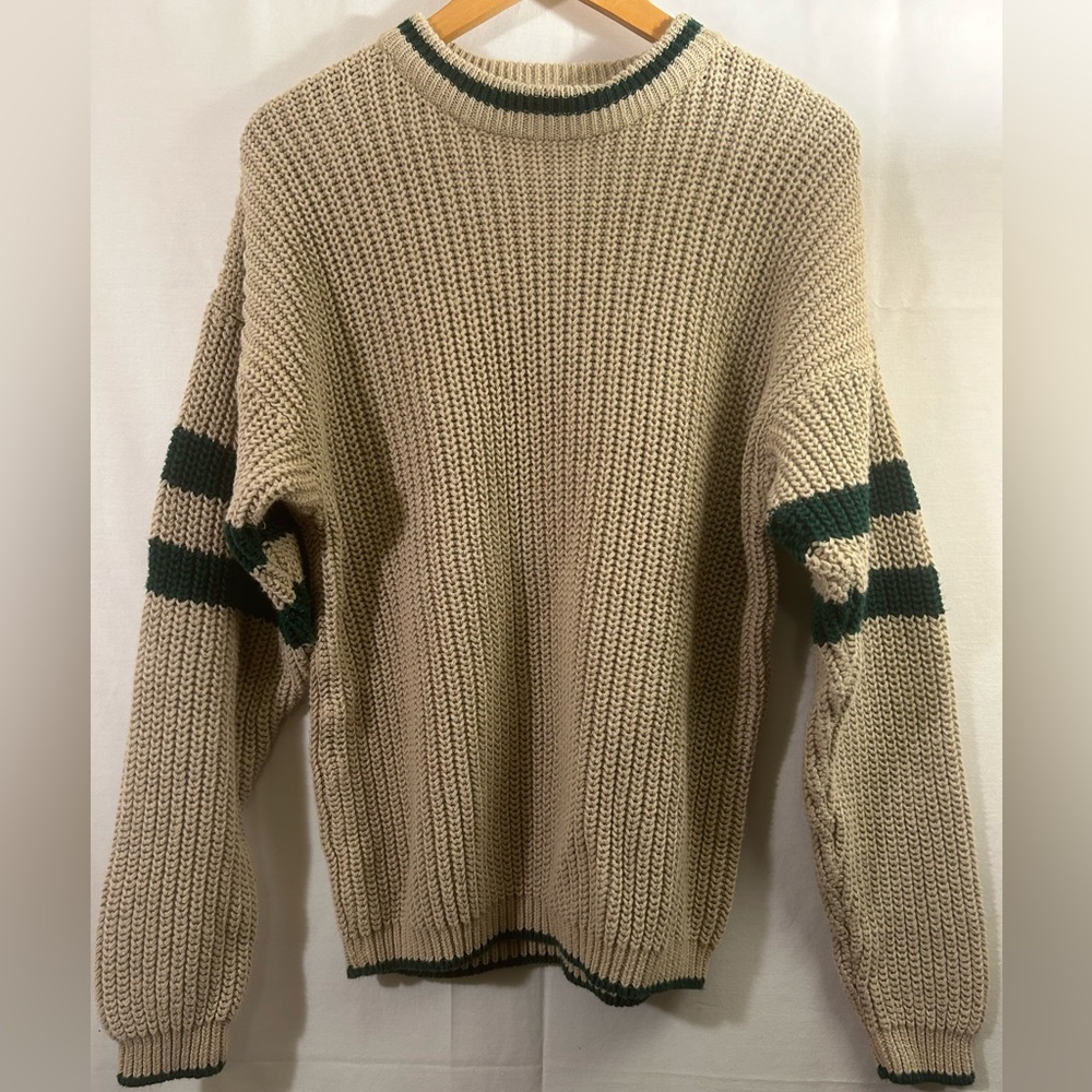 Weekends Vintage Rugby Stripe Crew Neck Knit Tan & Green Sweater Size Large